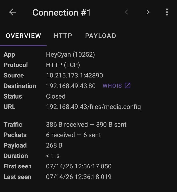 Packet capture connection overview for the HeyCyan app
